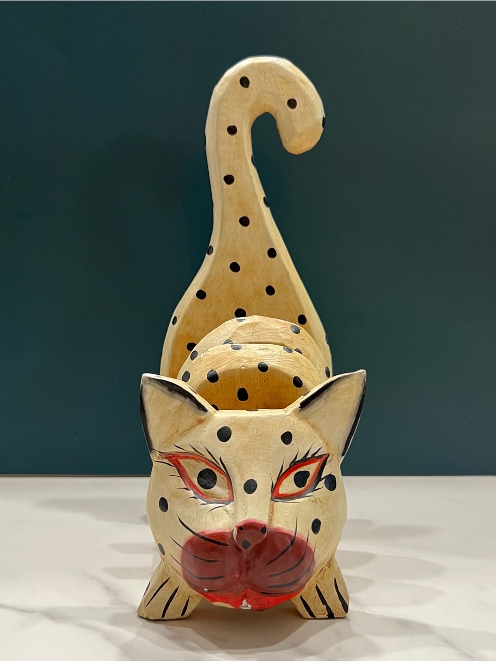 Vintage Indonesian Bali Thai Folk Art Carved Wood Cat Mail Holder Figurine